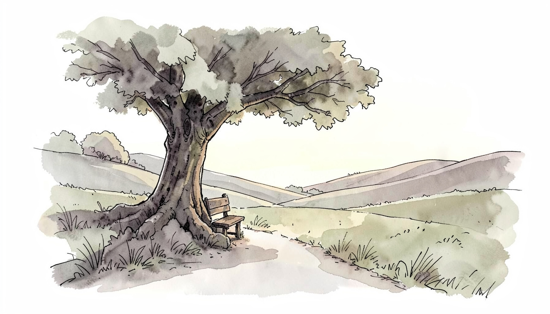 A hand-drawn ink illustration of a quiet countryside lane at dawn, with soft rolling hills and a single bench under a broad tree, rendered in loose, flowing linework with warm grey washes.