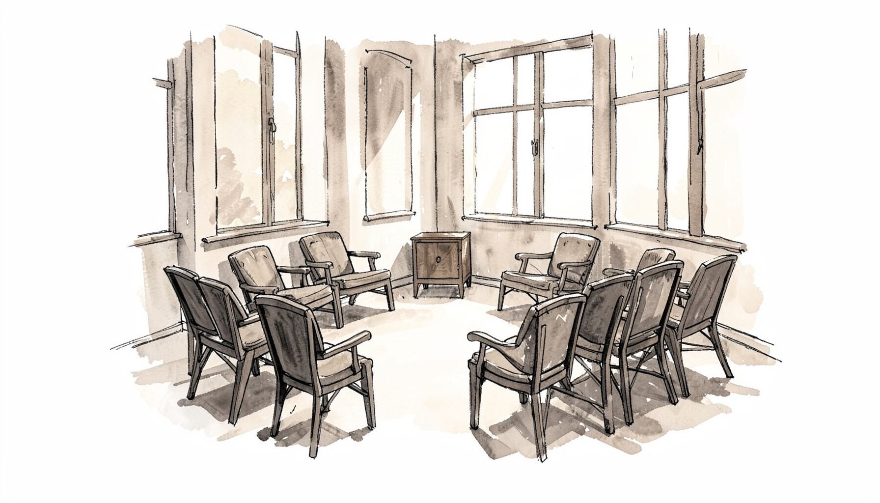 A hand-drawn ink illustration of a quiet gathering space with chairs arranged in a circle, soft natural light filtering through tall windows, warm and calm atmosphere in muted charcoal and sepia tones.