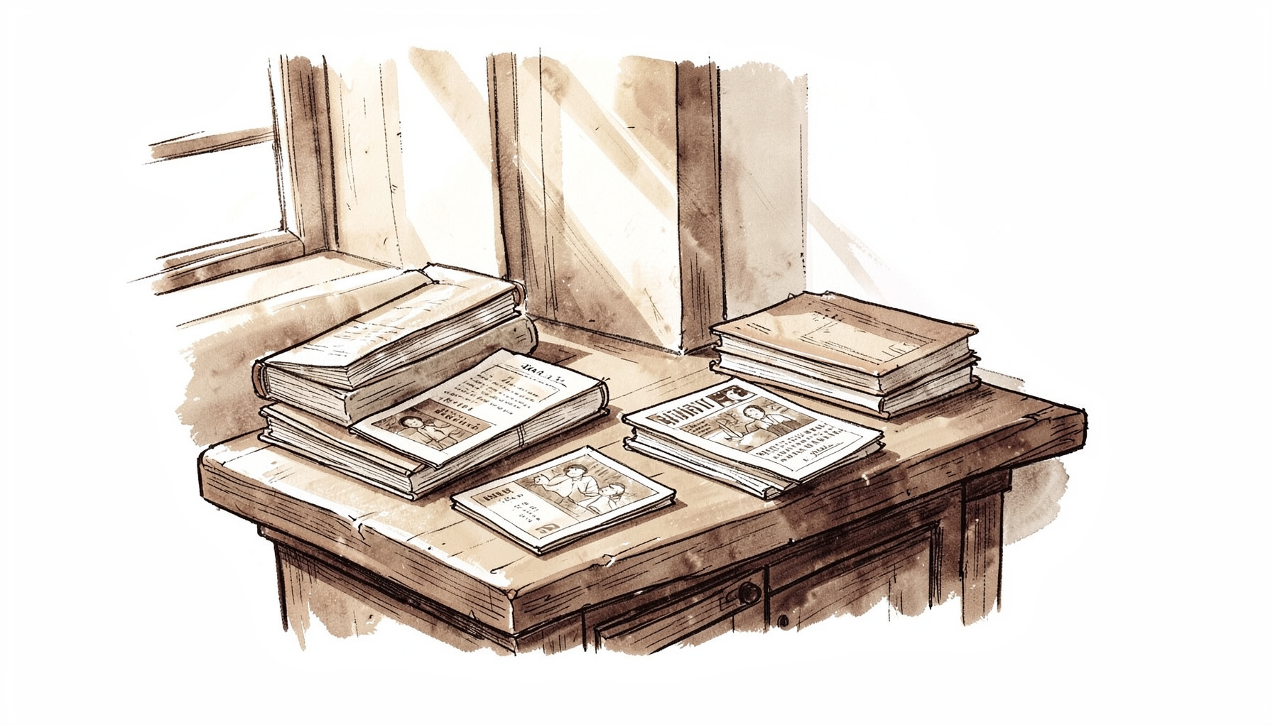 A hand-drawn ink illustration of a quiet reading corner with stacked books and pamphlets on a wooden table, soft window light falling across the pages, rendered in warm sepia and charcoal tones.