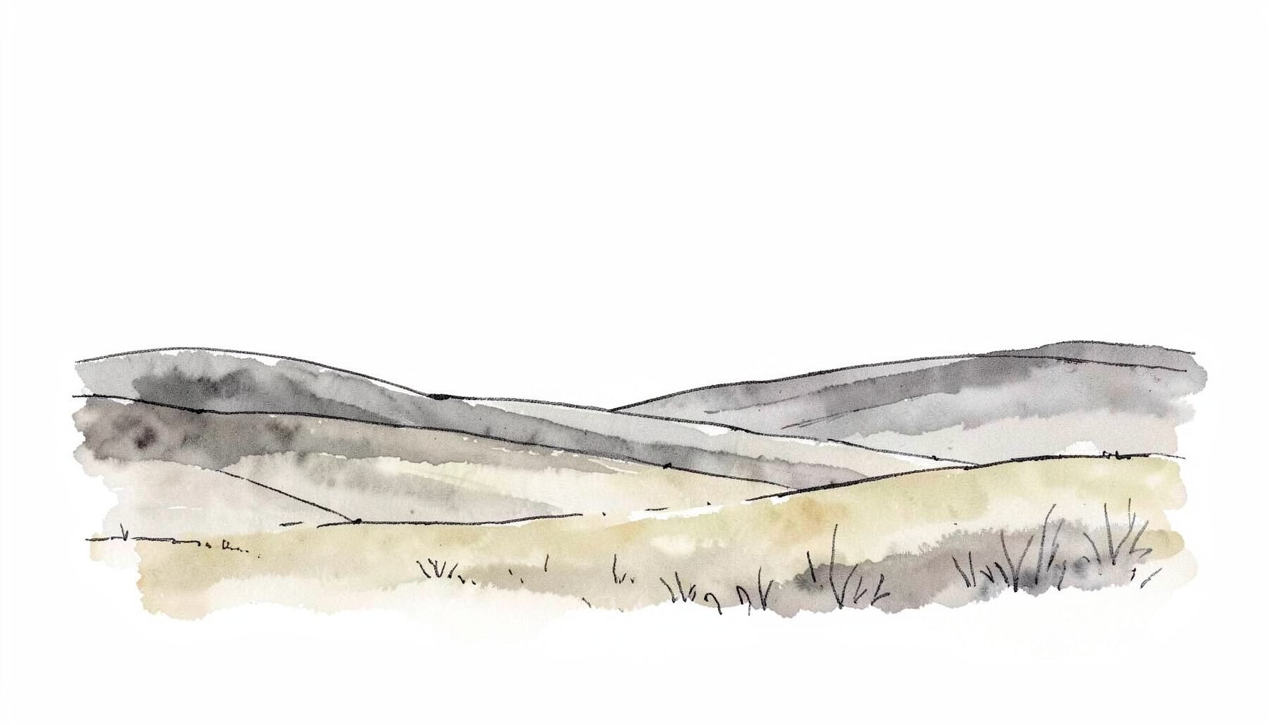 A hand-drawn ink illustration of a calm, open landscape with soft rolling hills and a wide horizon, rendered in muted charcoal and warm grey washes, conveying quiet reflection and community.